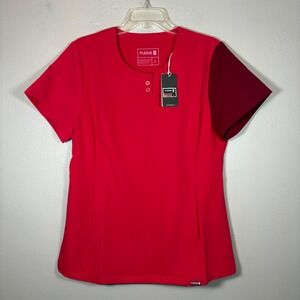 Pledge 5 Women Crew‎ Collar Scrub Top Bright Red Burgundy Contrast Sleeve Large